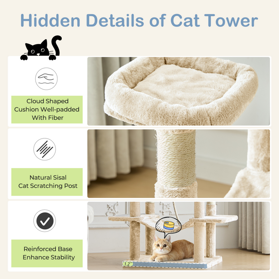 66 Inch Cat Tree Tower Large Multi-cat Climbing Extended Platform