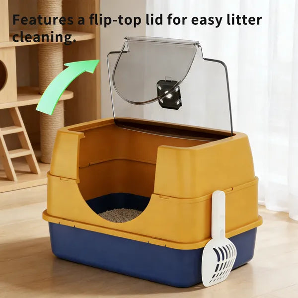 Enclosed Cat Litter Box Orange Odor-locking Spacious For Large Cats