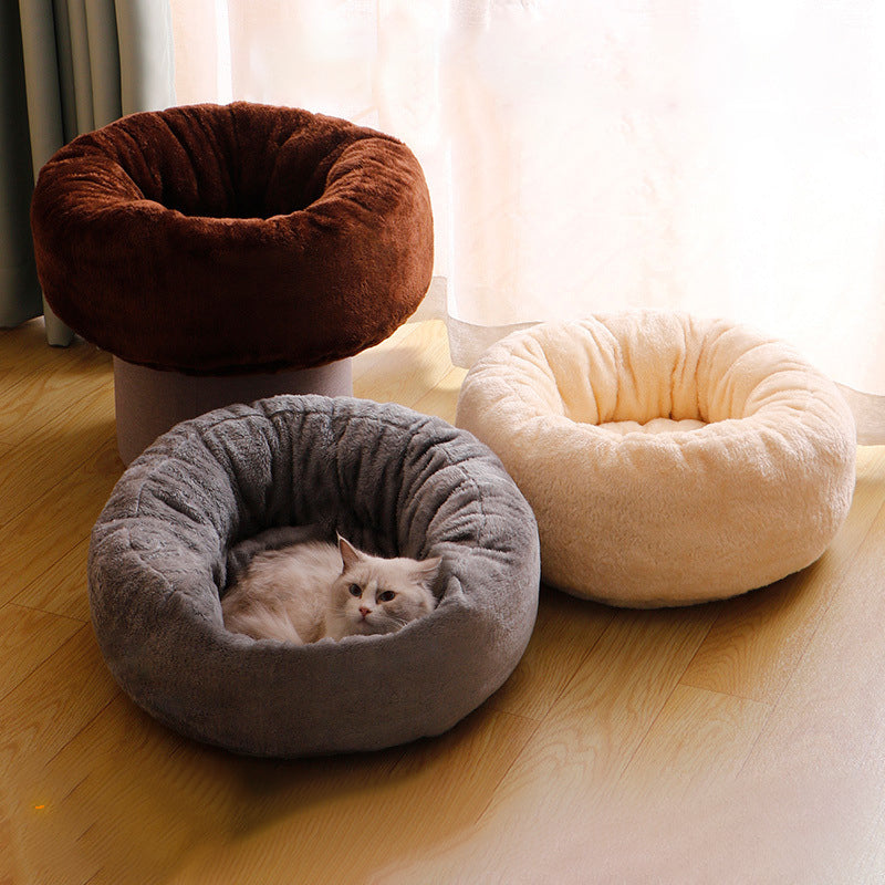 Pet Dog Bed Long Plush Donut Round Kennel Comfortable Fluffy
