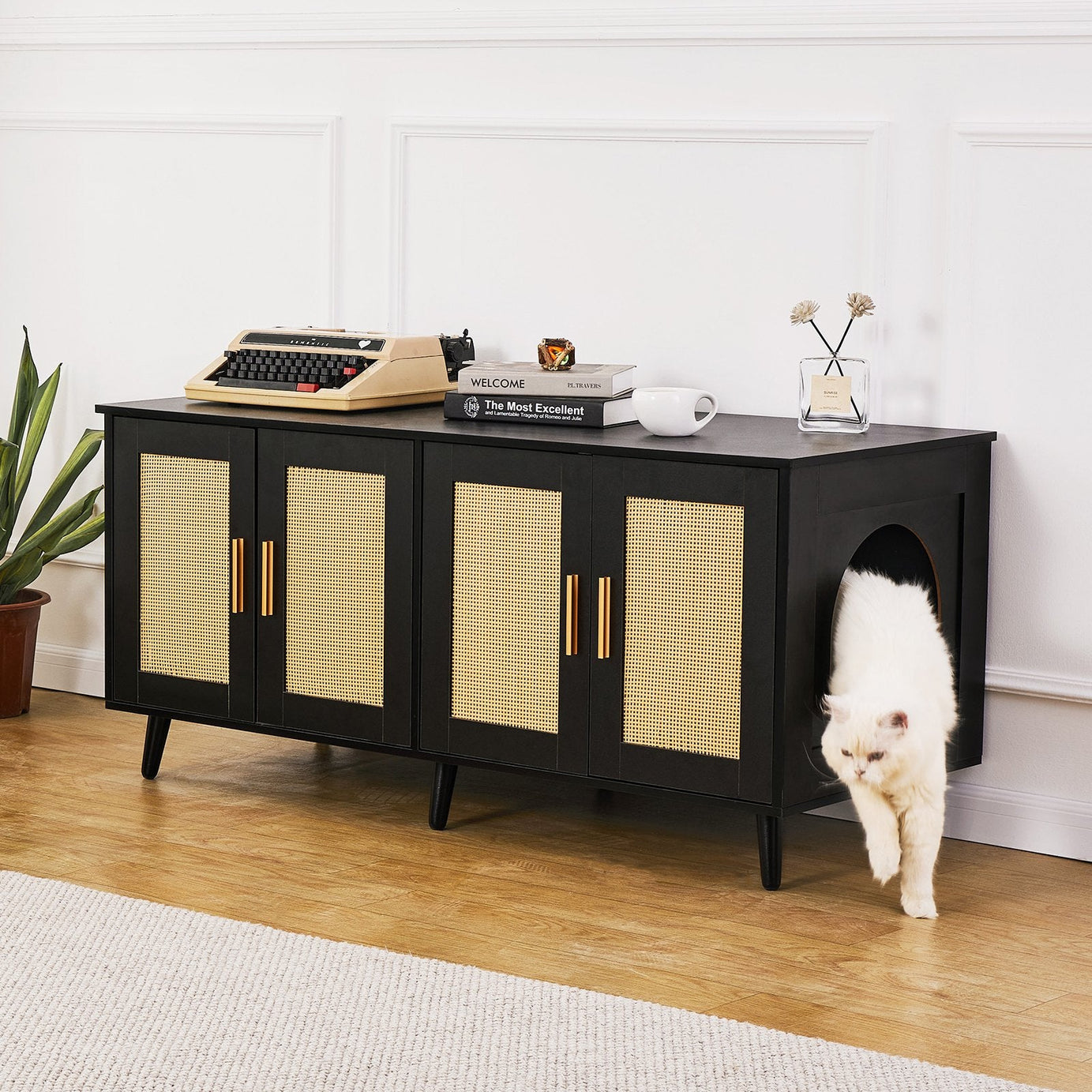 Cat Litter Box Enclosure Wooden Furniture Hidden 2 Rooms Black