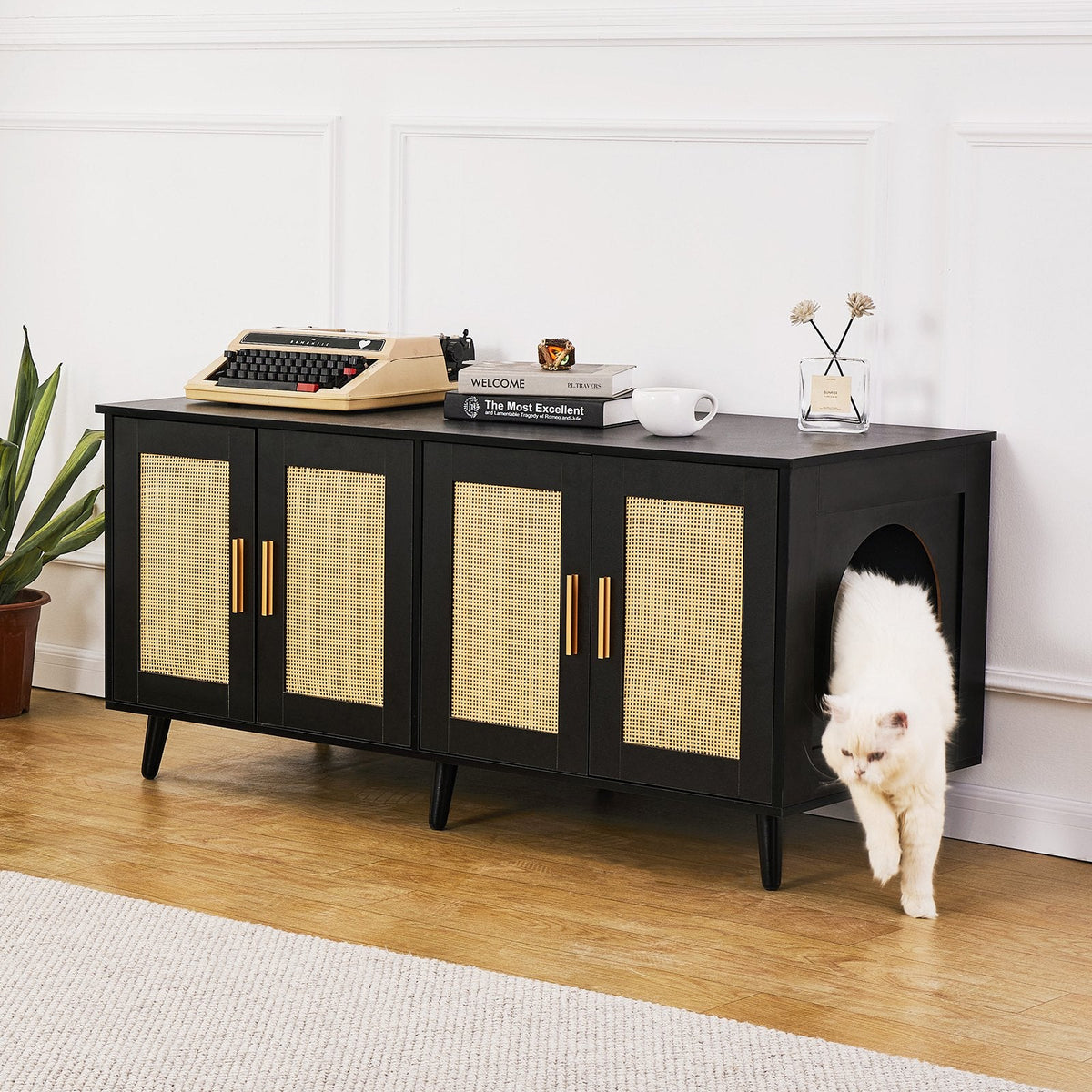 Cat Litter Box Enclosure Wooden Furniture Hidden 2 Rooms Black