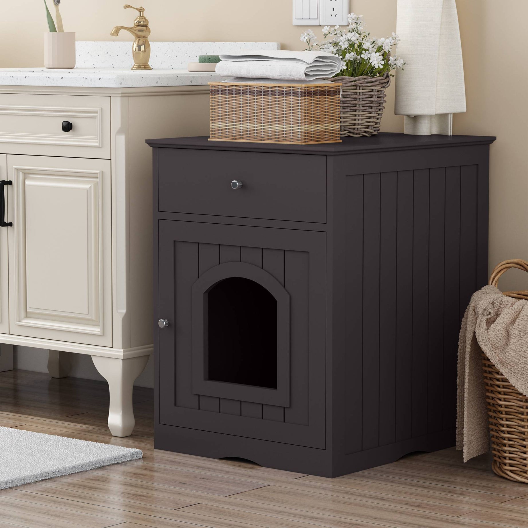 Wooden Pet House Cat Litter Box Enclosure With Drawer Side Table