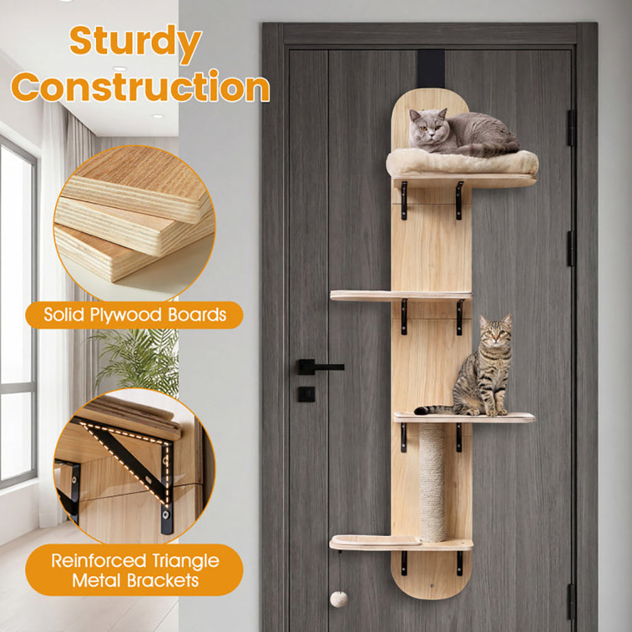 Door Hanging Cat Climber 4-level Height Adjustable With Plush Bed