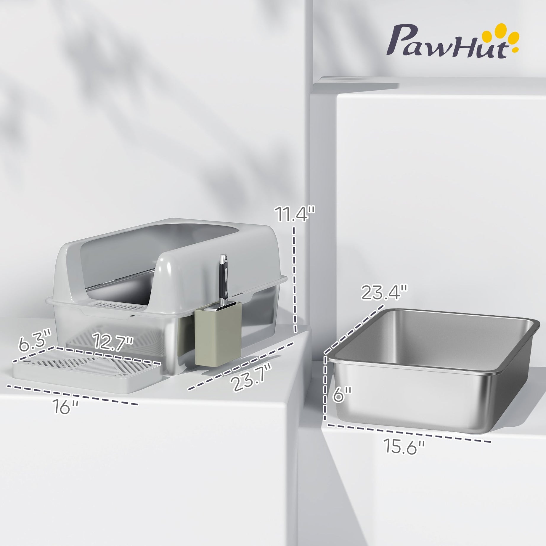High Sided Stainless Steel Litter Box With Metal Scoop Holder