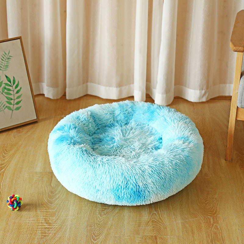 Dog Beds For Small Dogs Round Plush Cat Litter Kennel Pet Nest Mat (Navy Blue & Tiedye Sky Blue)
