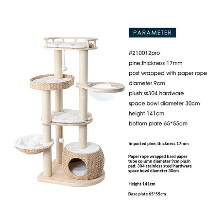 Solid Wood Cat Tree With Integrated Scratching Post And Cozy Nest