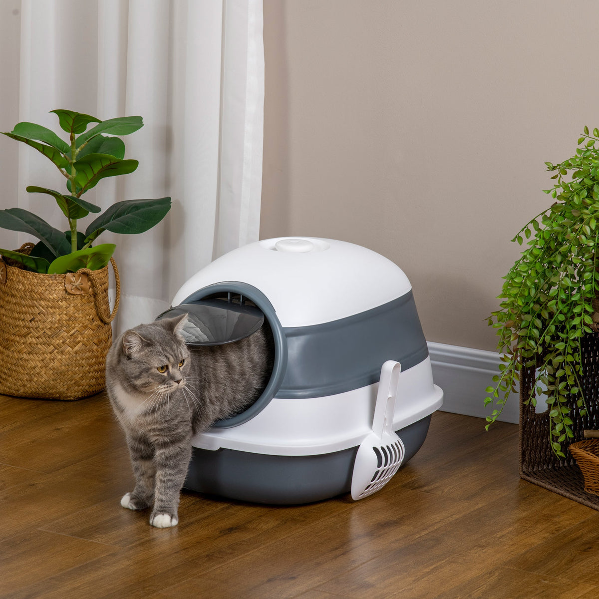 Dome Covered Cat Litter Box With Lid White And Gray