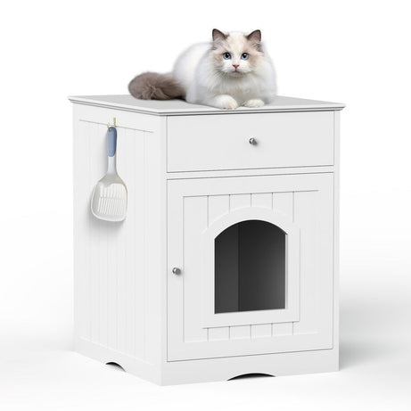 White Wooden Cat Litter Box Enclosure W Drawer Side Table Indoor
