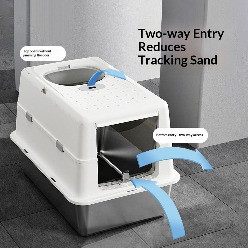 Stainless Steel Cat Litter Box With Flip Top Cover Closed Design