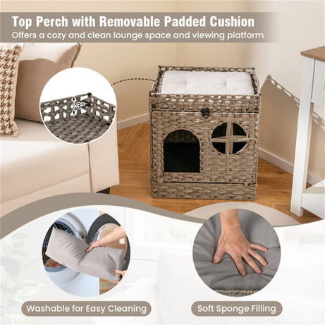 2-tier Wicker Cat Condo With Litter Mat Hidden Box Enclosure