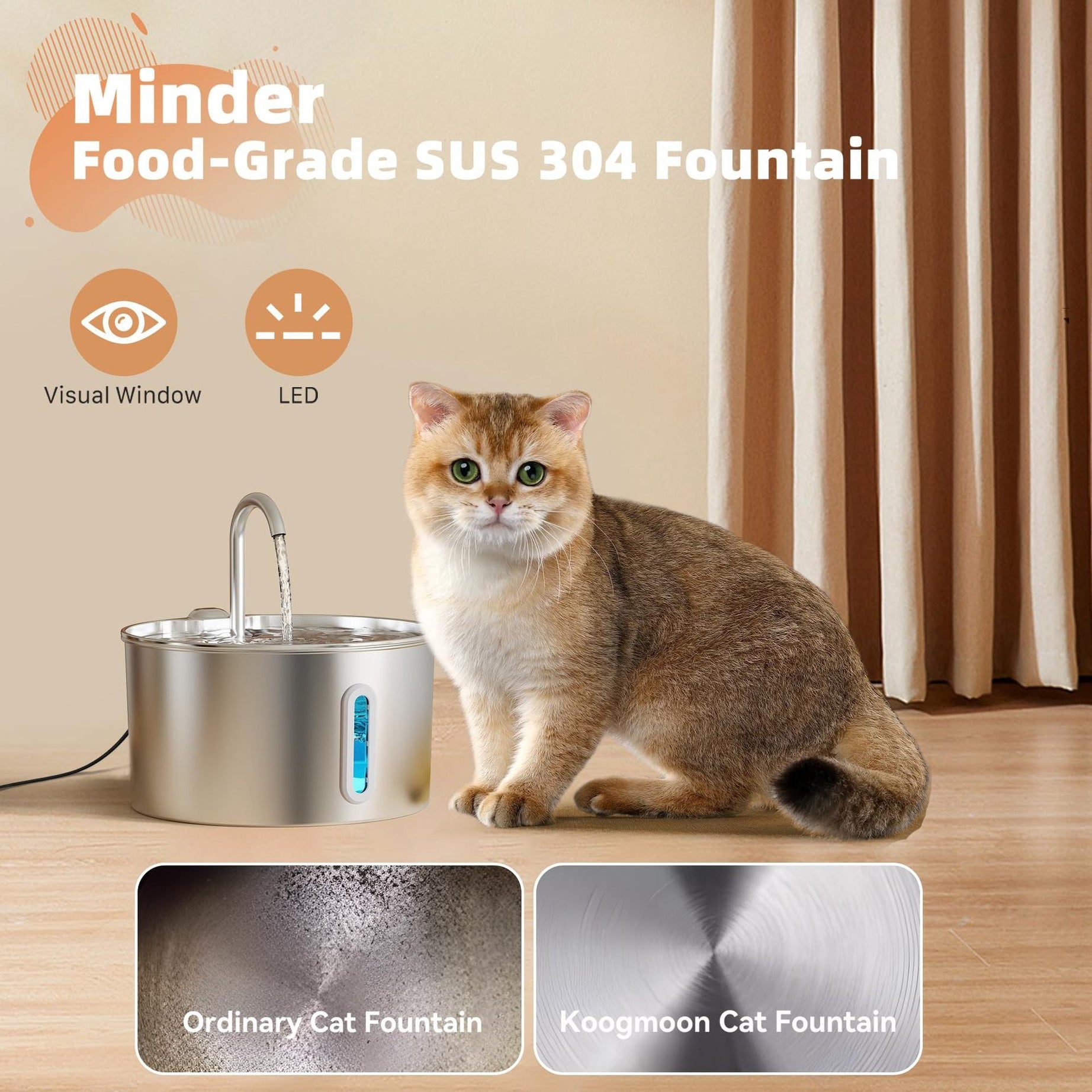 Cat Stainless Steel Water Fountain With Automatic Circulation