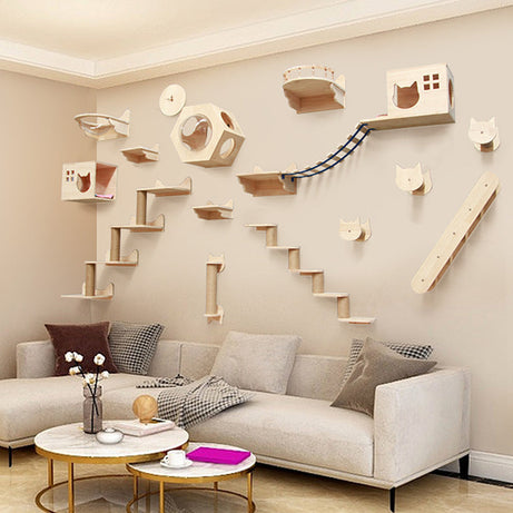 Pet Cat Climbing Frame Wall Type Solid Wood Hanging Platform Ladder