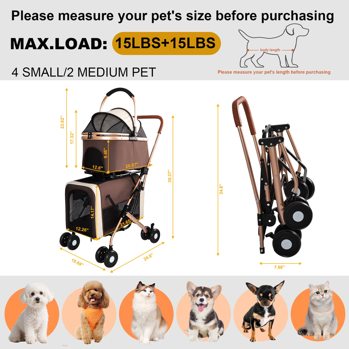 3-in-1 Double Pet Stroller For Small Medium Dogs Cats Foldable