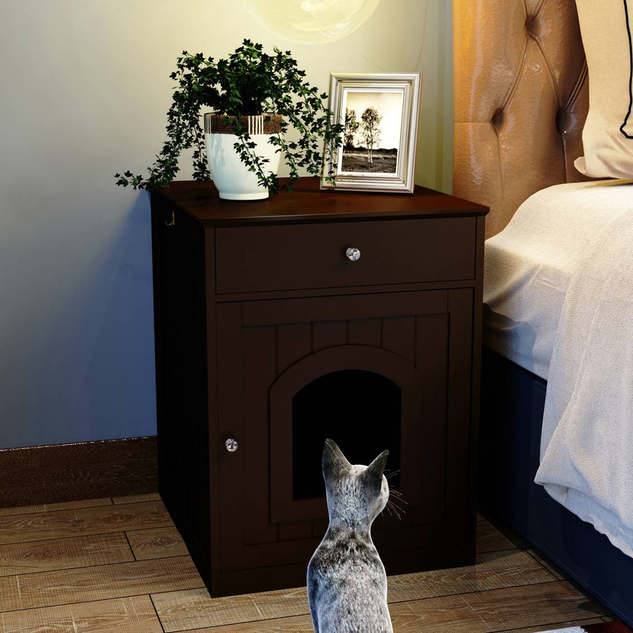 Wooden Pet House Cat Litter Box Enclosure With Drawer Side Table