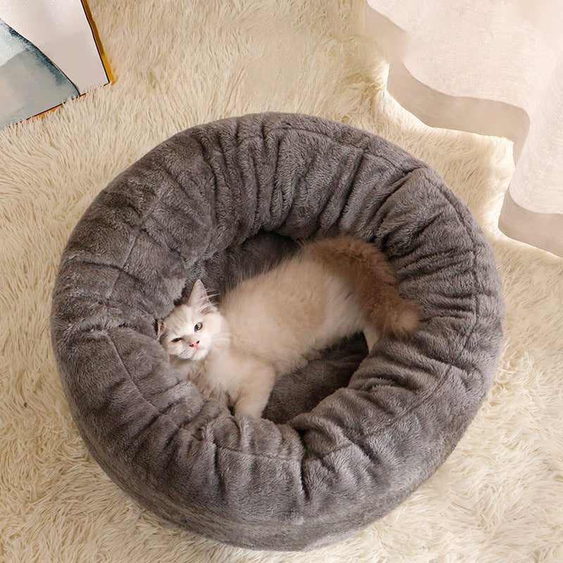 Pet Dog Bed Long Plush Donut Round Kennel Comfortable Fluffy