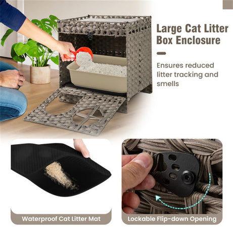 2-tier Wicker Cat Condo With Litter Mat Hidden Box Enclosure
