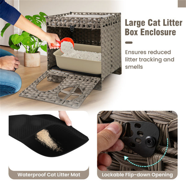 2-tier Wicker Cat Condo With Litter Mat Hidden Box Enclosure