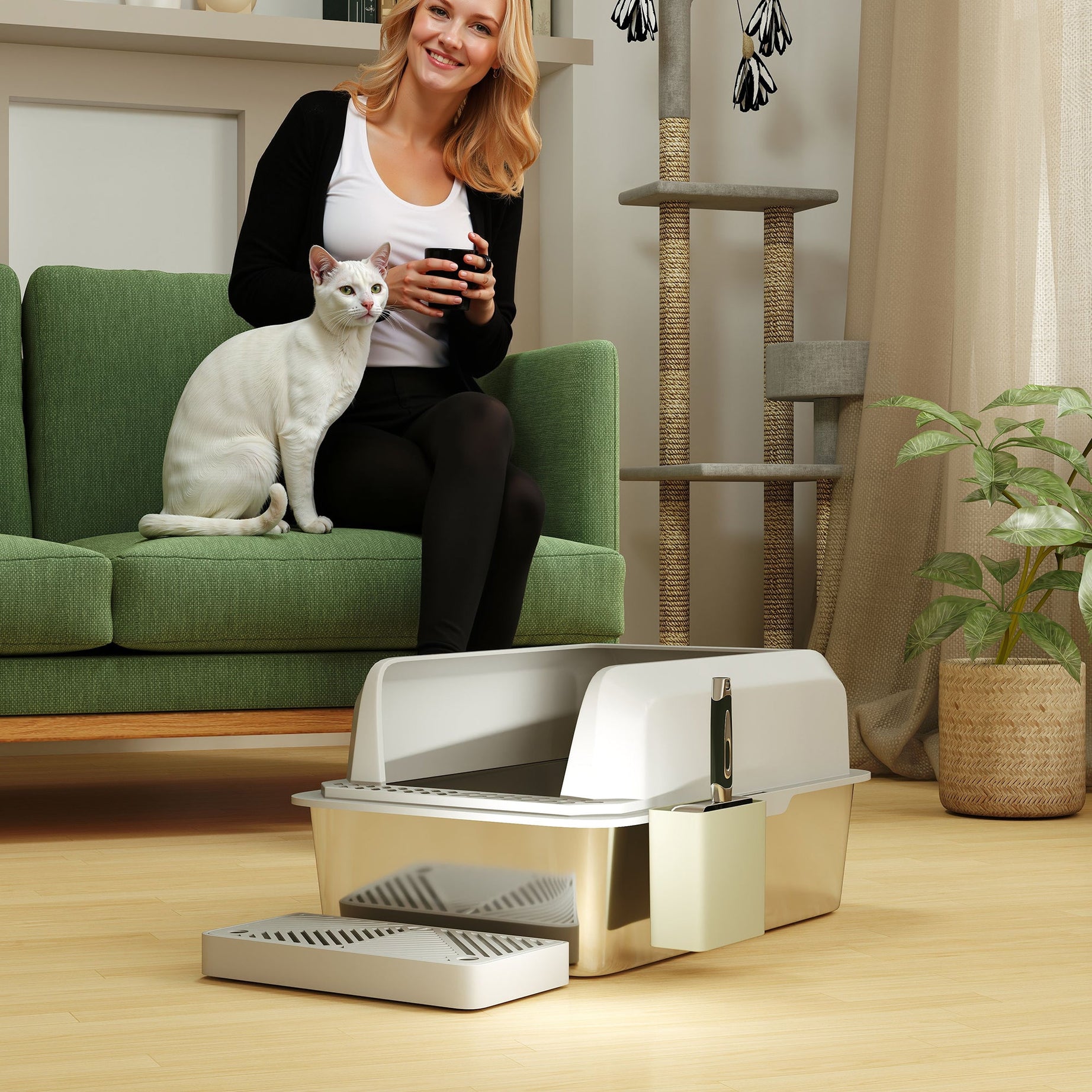 Stainless Steel Litter Box With Metal Scoop Holder High Sided