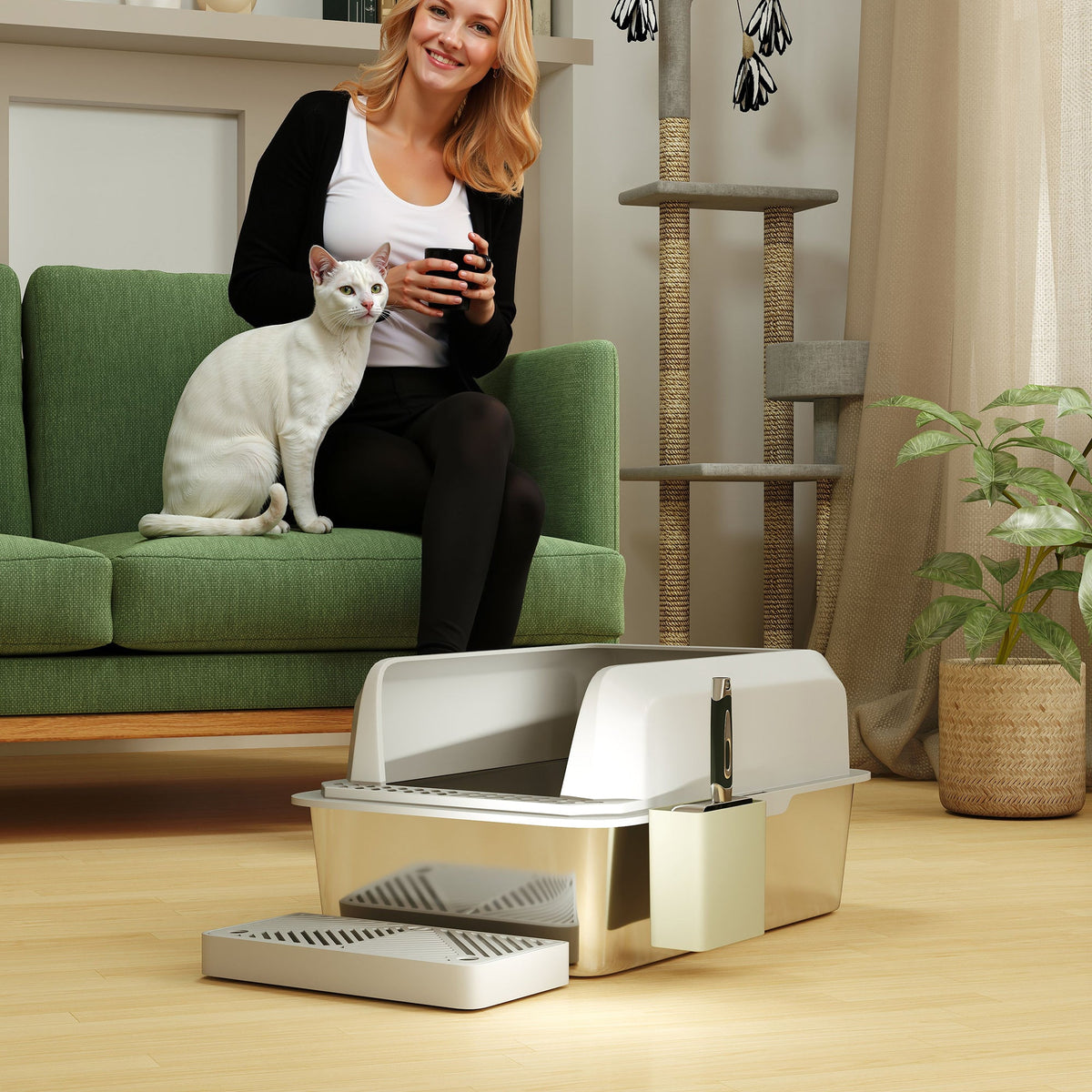 Stainless Steel Litter Box With Metal Scoop Holder High Sided