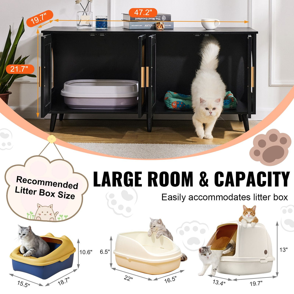 Cat Litter Box Enclosure Wooden Furniture Hidden 2 Rooms Black