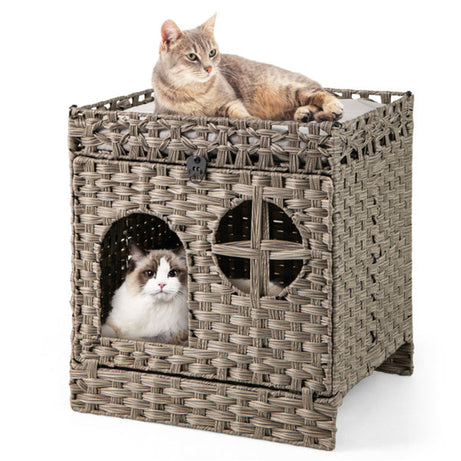 2-tier Wicker Cat Condo With Litter Mat Hidden Box Enclosure