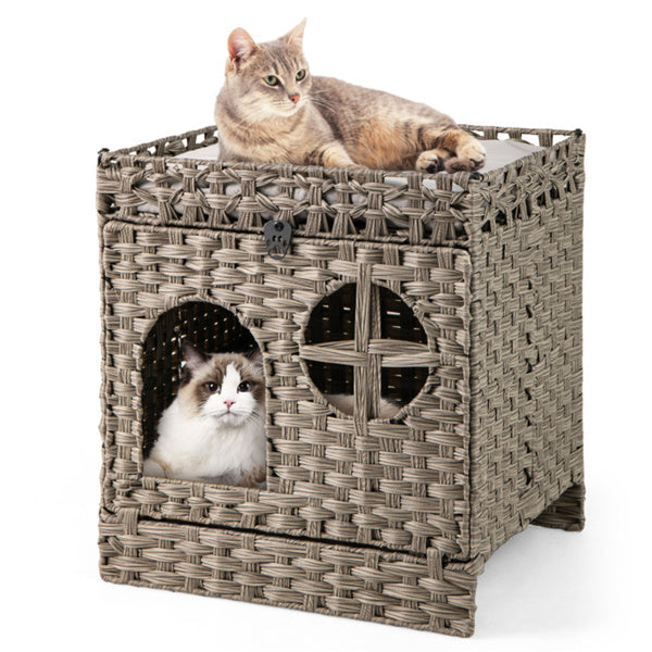 2-tier Wicker Cat Condo With Litter Mat Hidden Box Enclosure