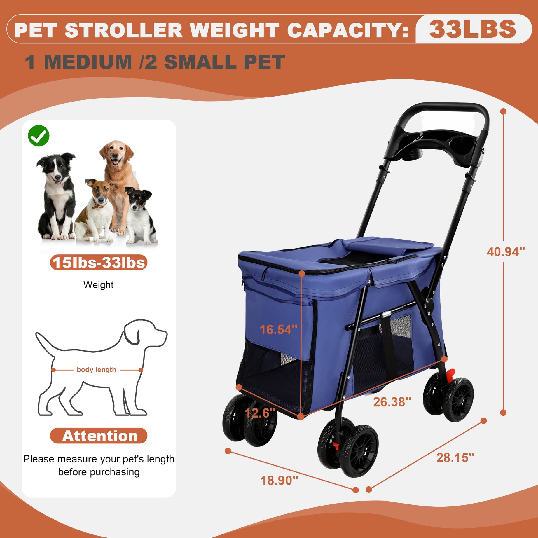 Pet Stroller Foldable 4-wheel Design Breathable Mesh Dog Cat