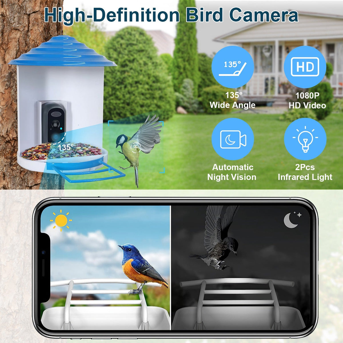 Smart Bird Feeder With Solar Powered Camera 1080p Hd Ai Identify
