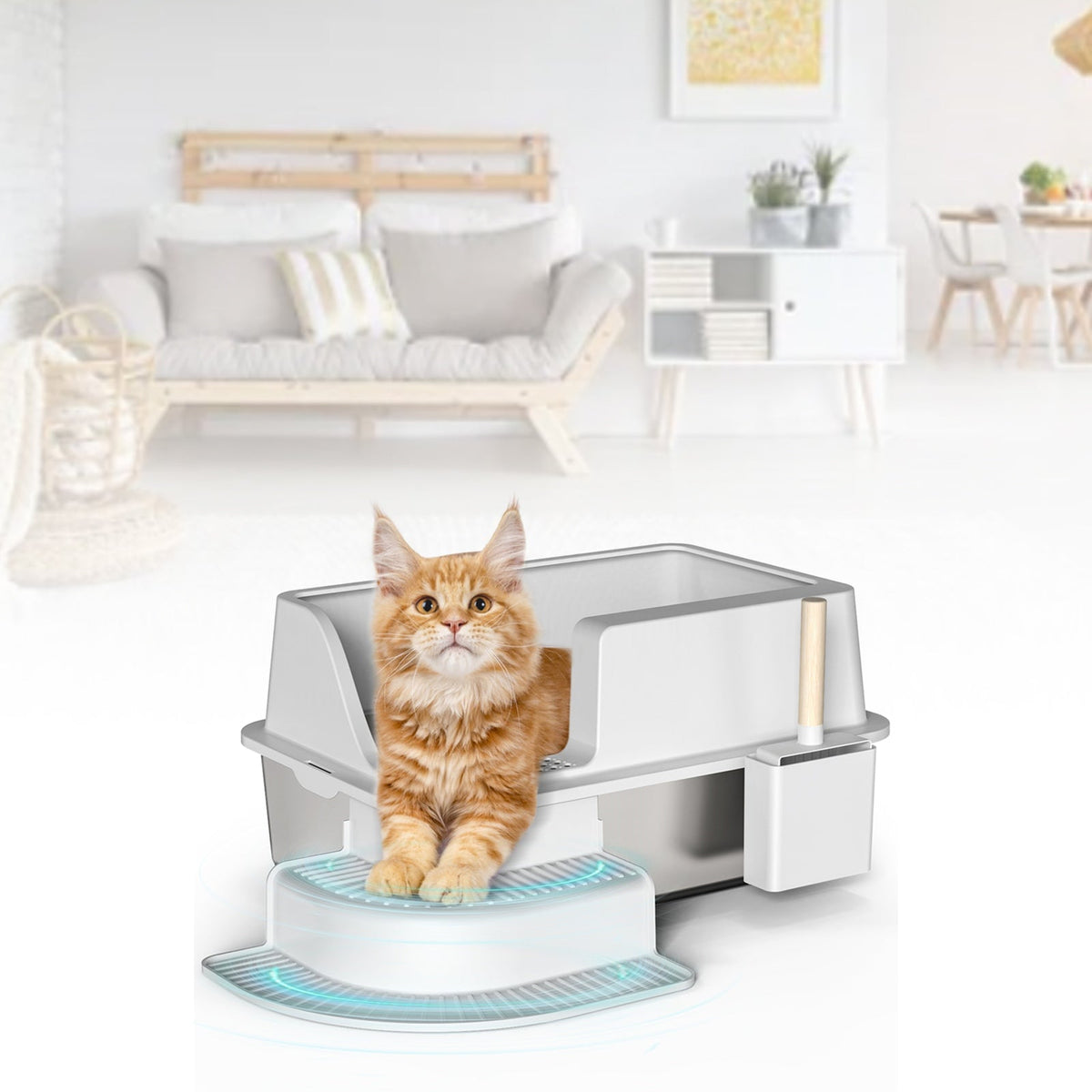 30l Semi Enclosed Cat Litter Box With Footboard And Scoop Stainless