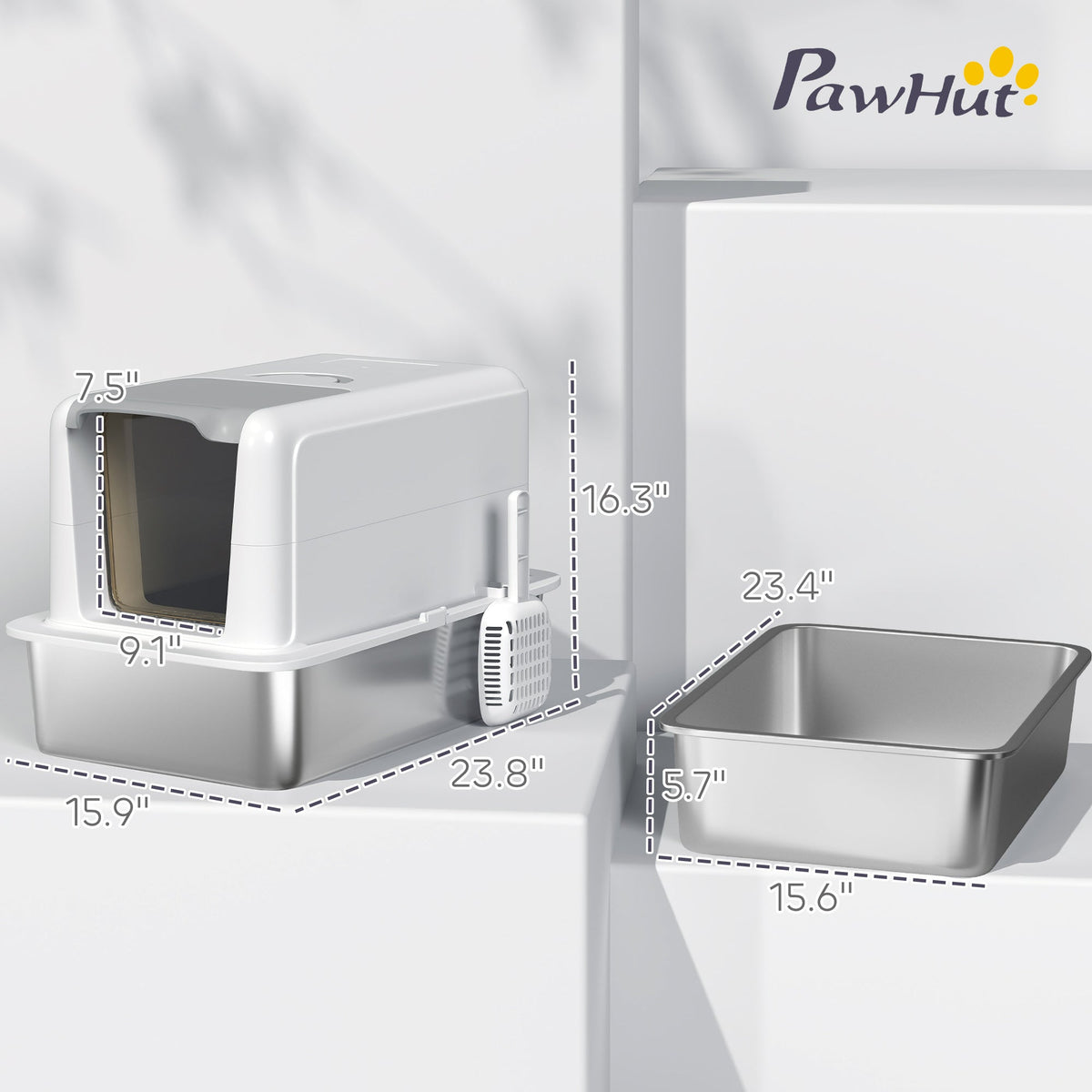 2-in-1 Stainless Steel Cat Litter Box With Removable Lid Scoop