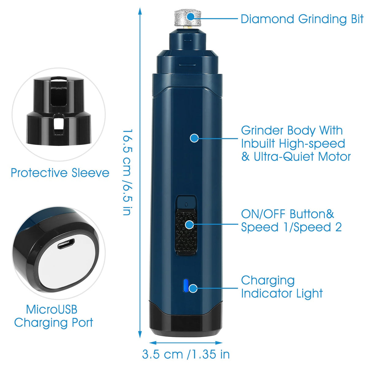 1pc Dog Nail Grinder 2 Speeds Quiet USB Rechargeable Pet