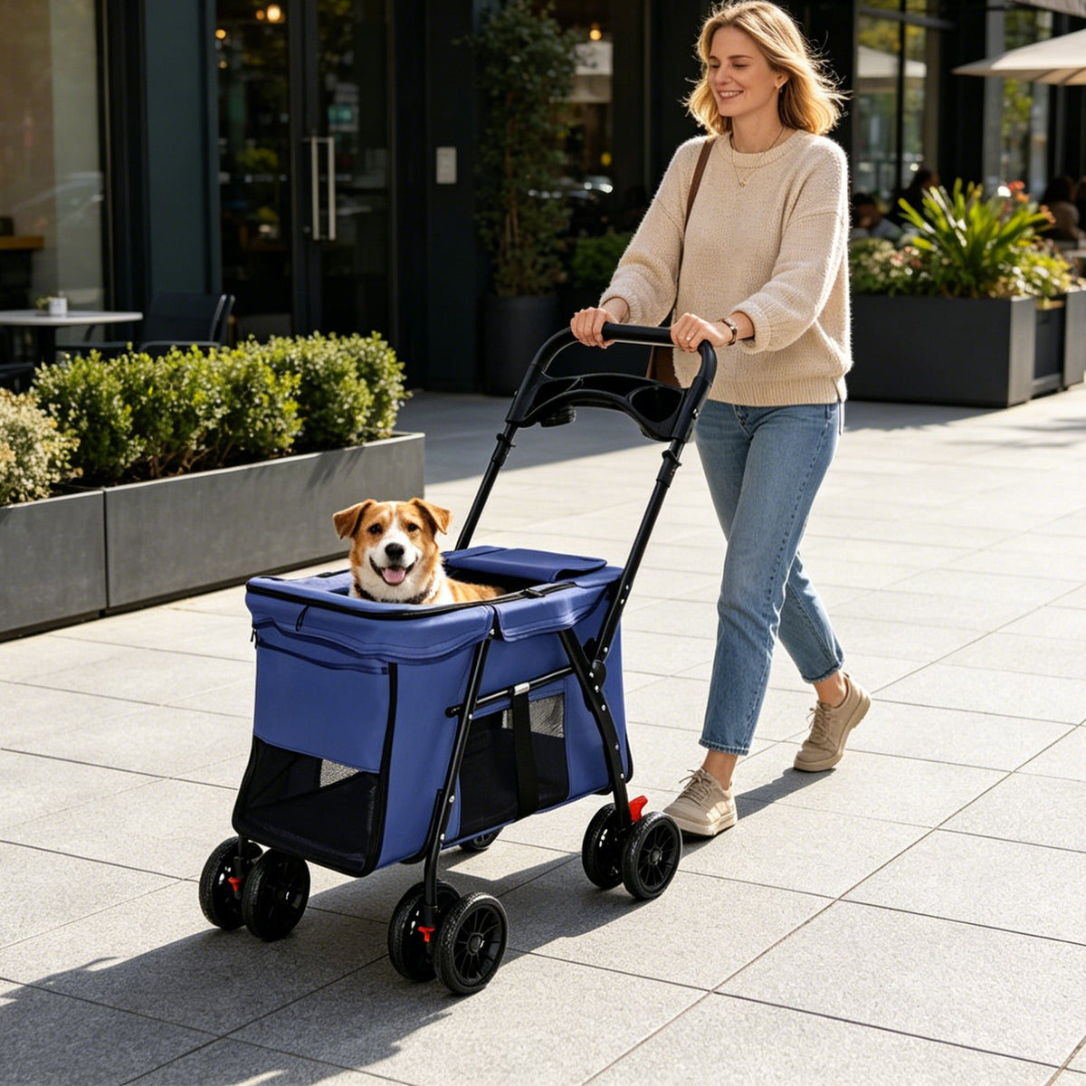 Pet Stroller Foldable 4-wheel Design Breathable Mesh Dog Cat