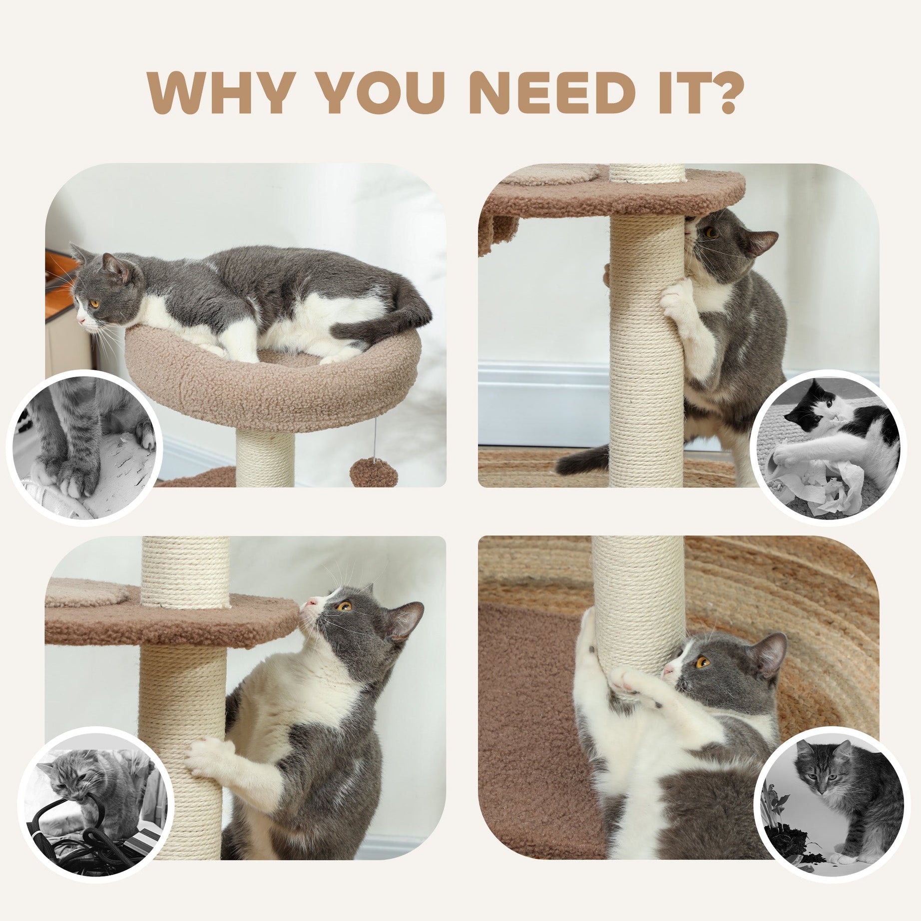 Cat Tree For Indoor Cats 88cm Tower With Sisal Scratching Post