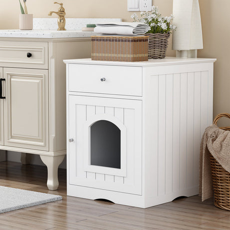 White Wooden Cat Litter Box Enclosure W Drawer Side Table Indoor