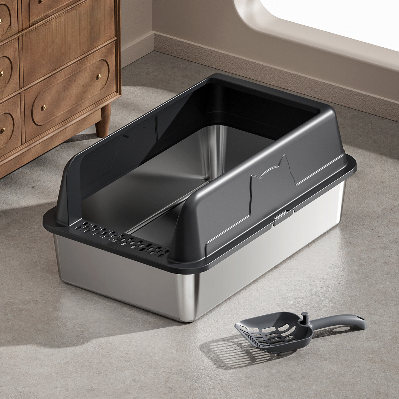 Stainless Steel Cat Litter Box For Cats High-sided Design Prevents