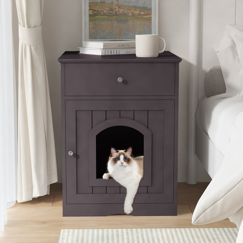 Black Wooden Cat Litter Box Enclosure W Drawer Side Table Indoor