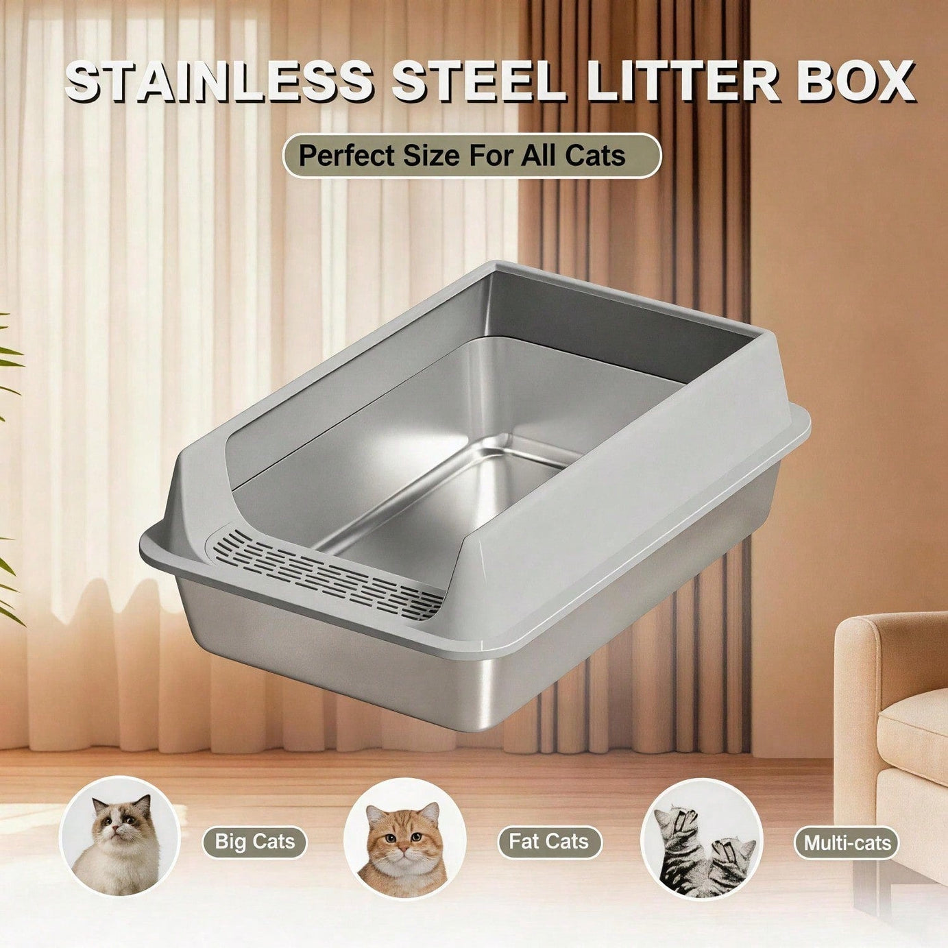 Stainless Steel Cat Litter Box Large Open Top With Anti Splash High