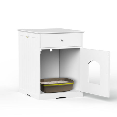 White Wooden Cat Litter Box Enclosure W Drawer Side Table Indoor