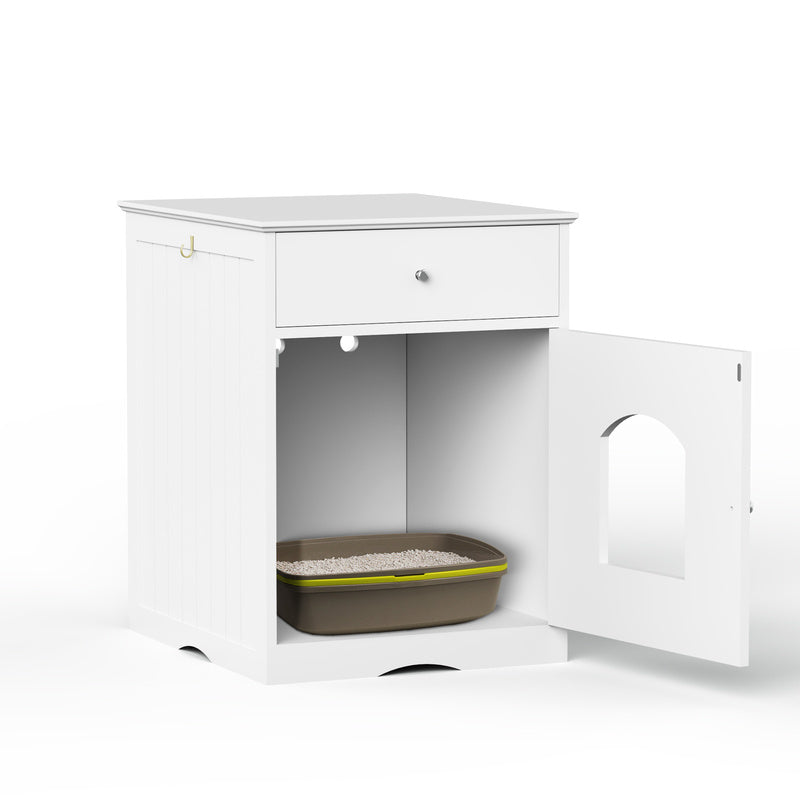White Wooden Cat Litter Box Enclosure W Drawer Side Table Indoor