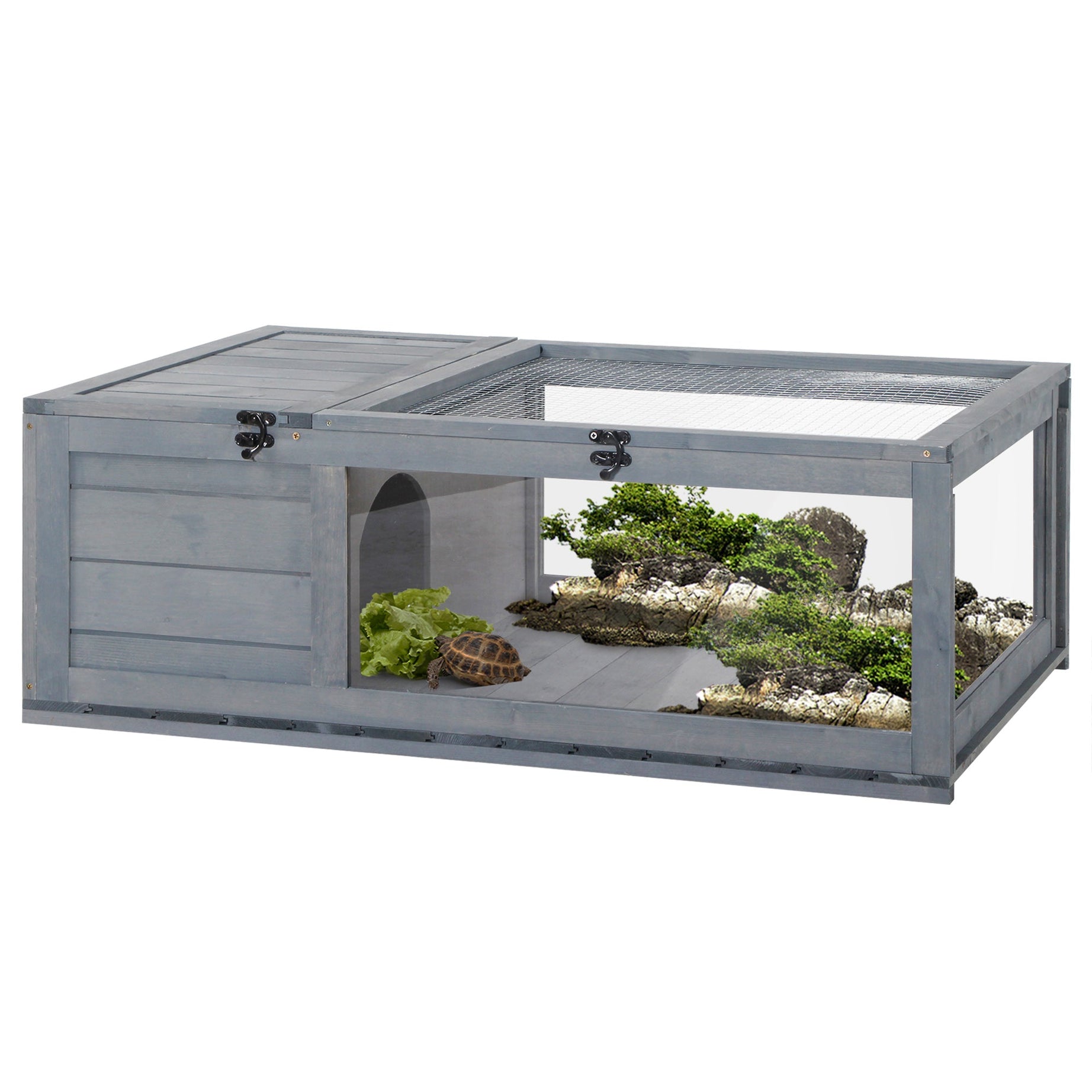 Wooden Reptile Cage With 3 Windows Slide-out Tray For Turtles