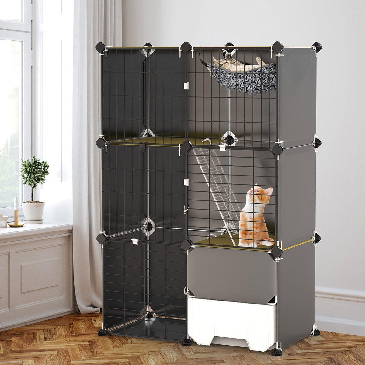 3 Tier Cat Cage Indoor With Litter Box Hammock Detachable Metal