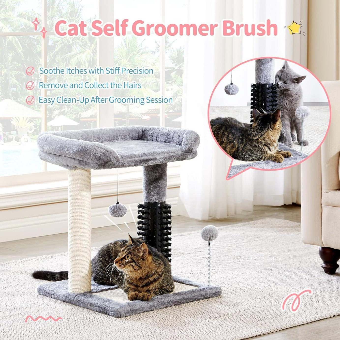 Small 4-in-1 Cat Tree Tower With Self-grooming Brush And Natural