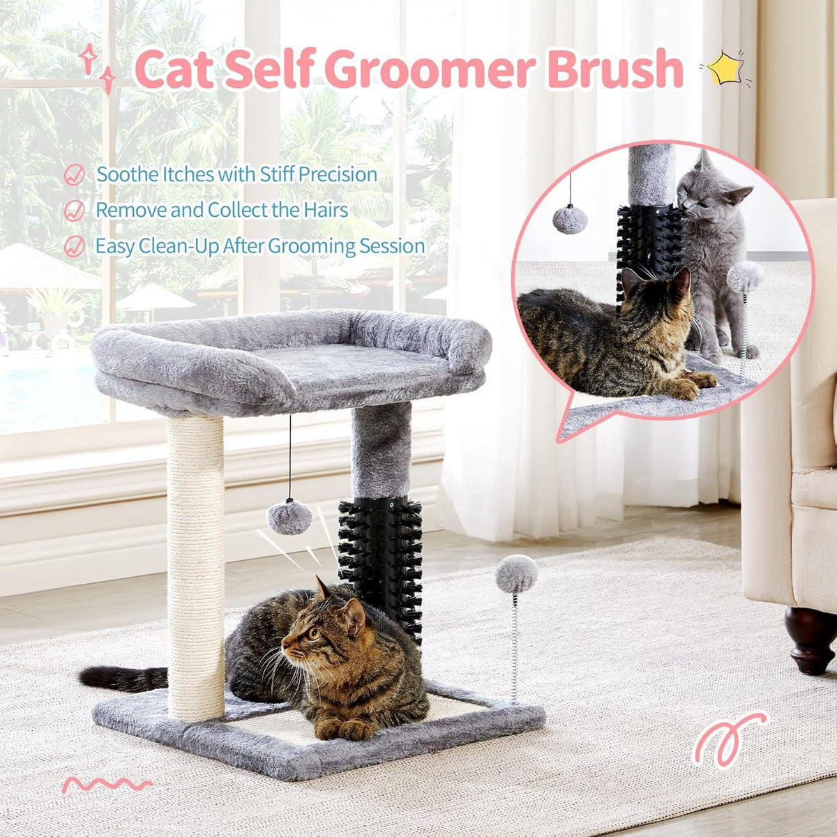 Small 4-in-1 Cat Tree Tower With Self-grooming Brush And Natural