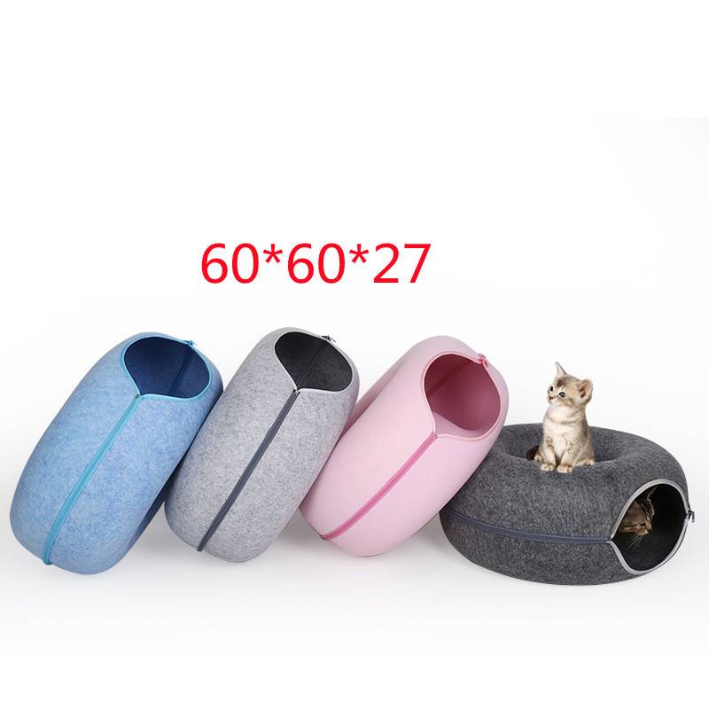 Donut Cat Tunnel Bed Pets House Natural Felt Pet Cave Interactive
