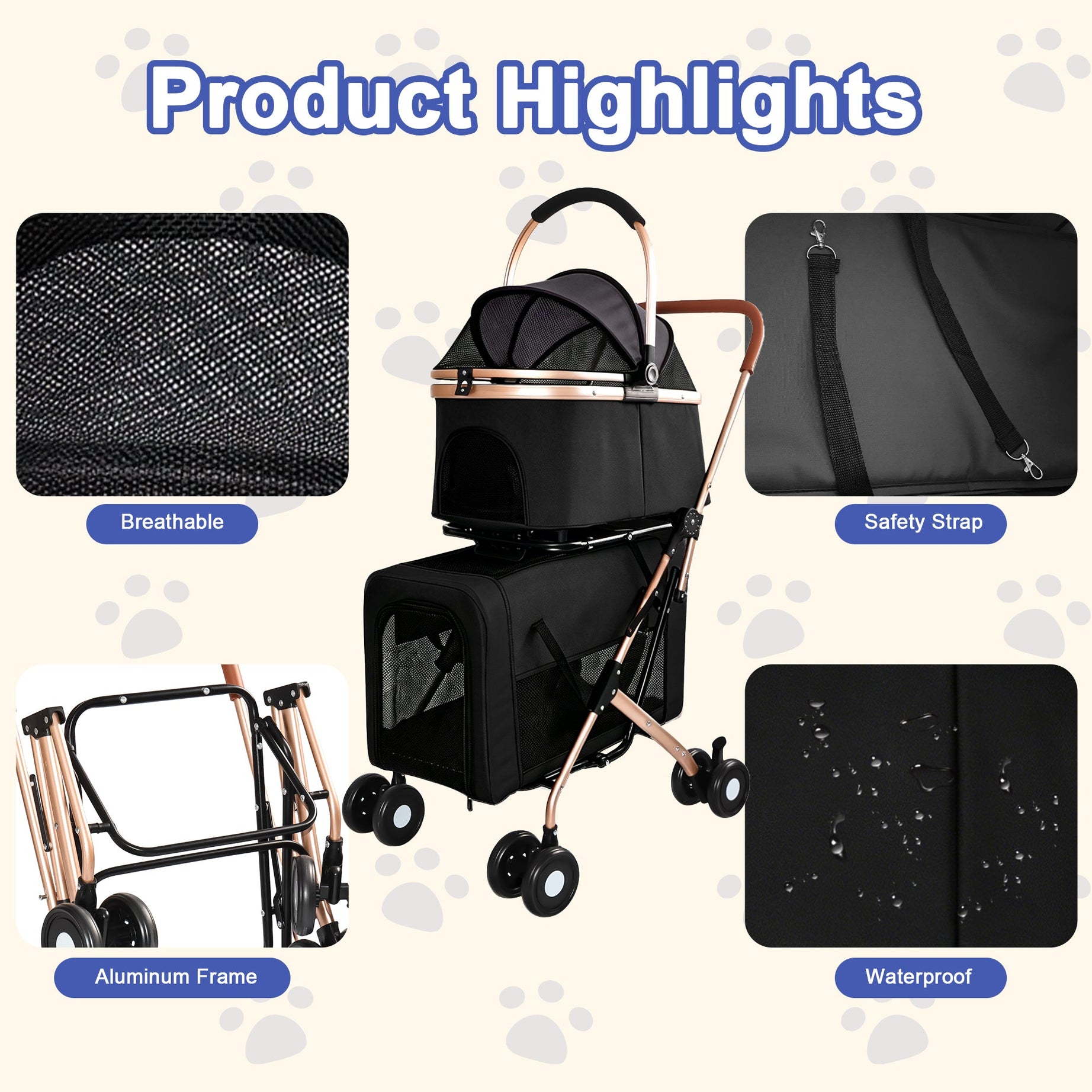 3-in-1 Double Pet Stroller For Small Medium Dogs Cats Foldable