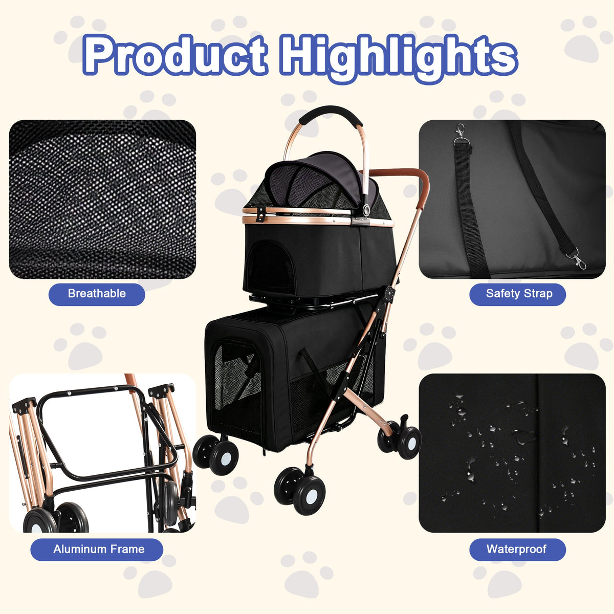 3-in-1 Double Pet Stroller For Small Medium Dogs Cats Foldable