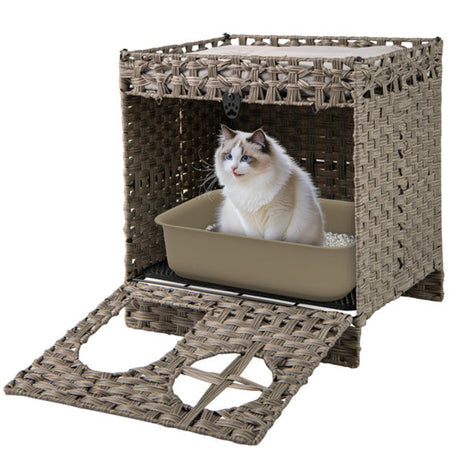 2-tier Wicker Cat Condo With Litter Mat Hidden Box Enclosure