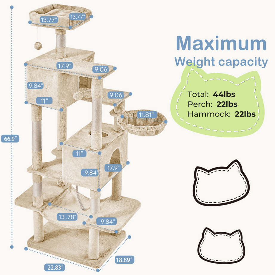 66 Inch Cat Tree Tower Large Multi-cat Climbing Extended Platform