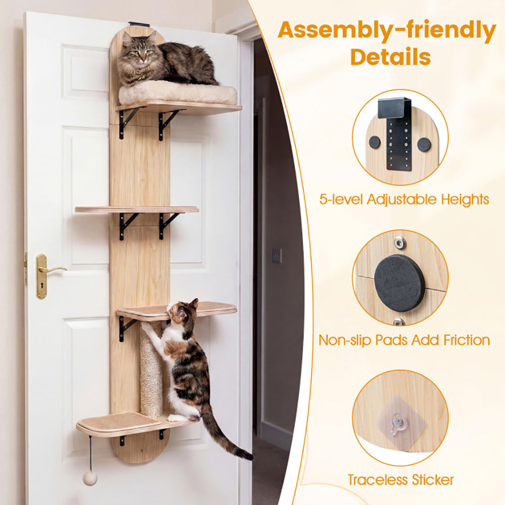 Door Hanging Cat Climber 4-level Height Adjustable With Plush Bed