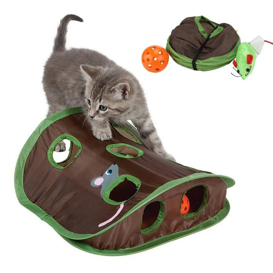Cute Pet Cat Interactive Hide Seek Game 9 Holes Tunnel Mouse Hunt